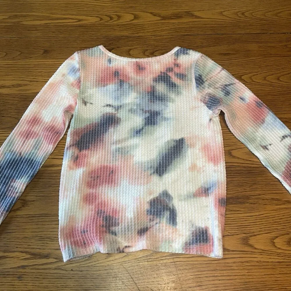 Abercrombie Kids Girls 9/10 Tie Dye Waffle Knit Long Sleeve Knot Front Top M